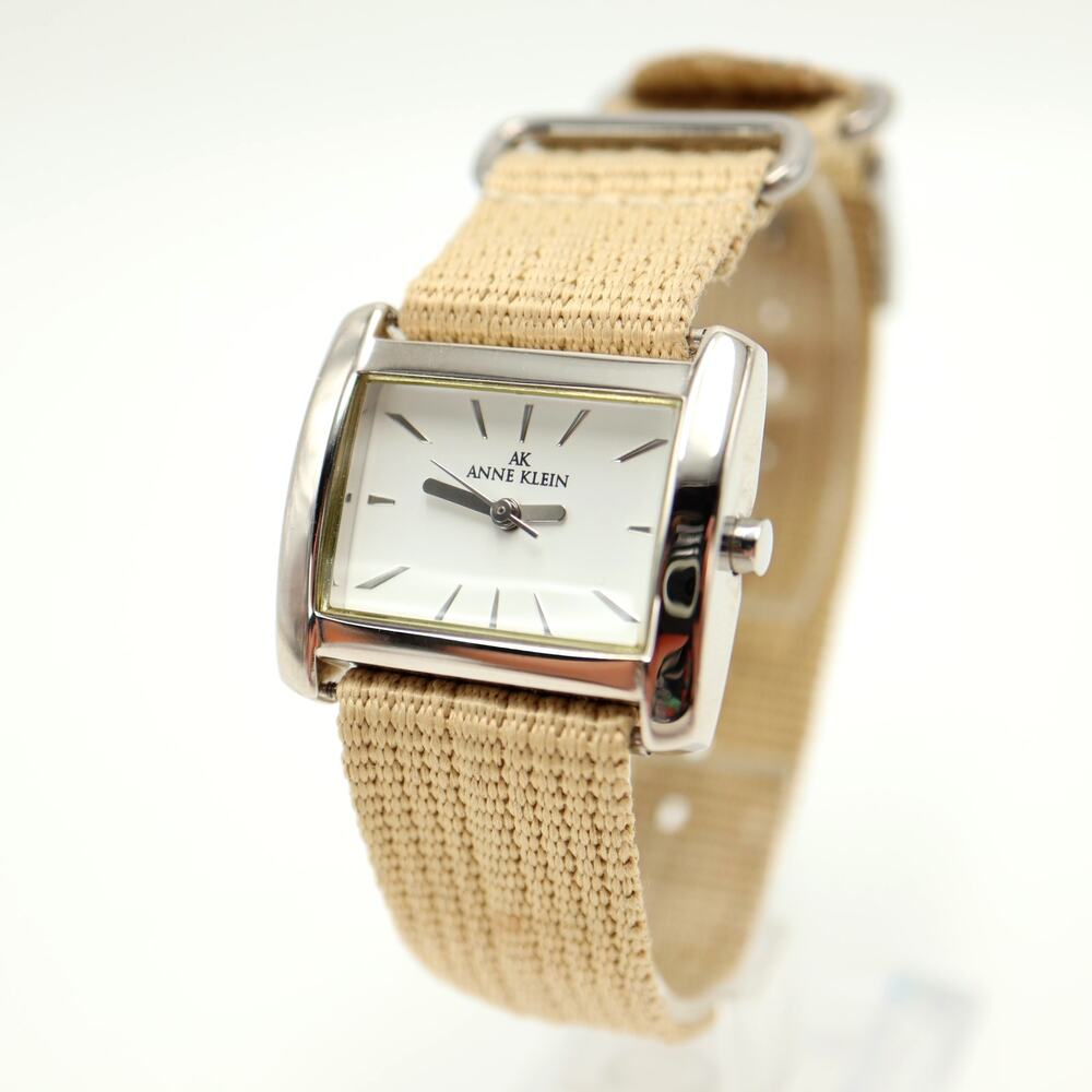 Anne Klein Womens Silver Tone Tan Nylon Strap Rectangle Watch 30mm w New Battery